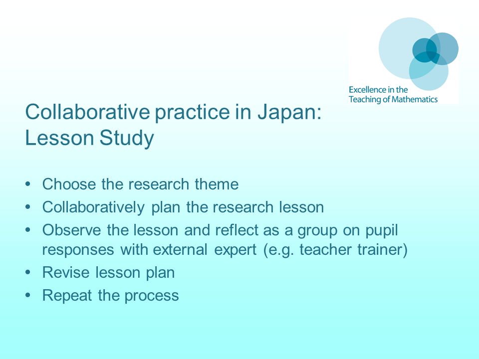 Collaborative practice in Japan: Lesson Study  Choose the research theme  Collaboratively plan the research lesson  Observe the lesson and reflect as a group on pupil responses with external expert (e.g.