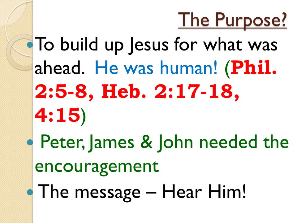 The Purpose. To build up Jesus for what was ahead.