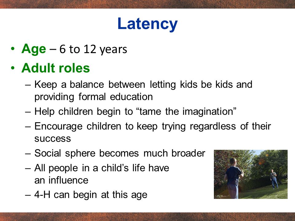 Age – 6 to 12 years Adult roles –Keep a balance between letting kids be kids and providing formal education –Help children begin to tame the imagination –Encourage children to keep trying regardless of their success –Social sphere becomes much broader –All people in a child’s life have an influence –4-H can begin at this age Latency