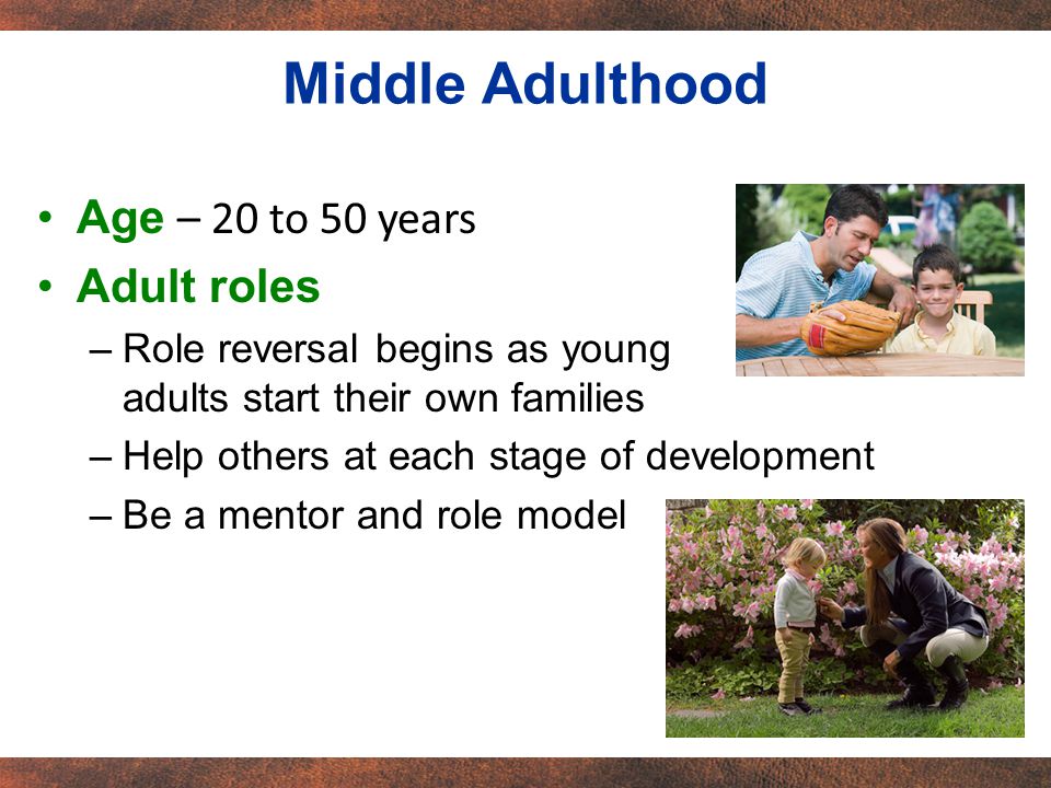 Age – 20 to 50 years Adult roles –Role reversal begins as young adults start their own families –Help others at each stage of development –Be a mentor and role model Middle Adulthood
