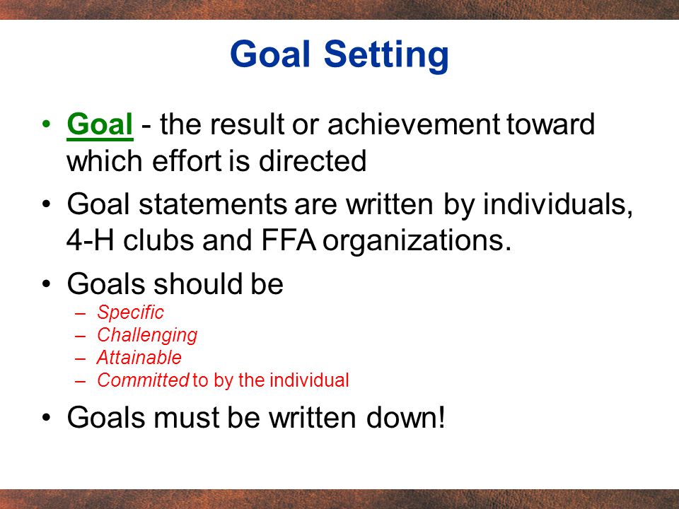 Goal - the result or achievement toward which effort is directed Goal statements are written by individuals, 4-H clubs and FFA organizations.