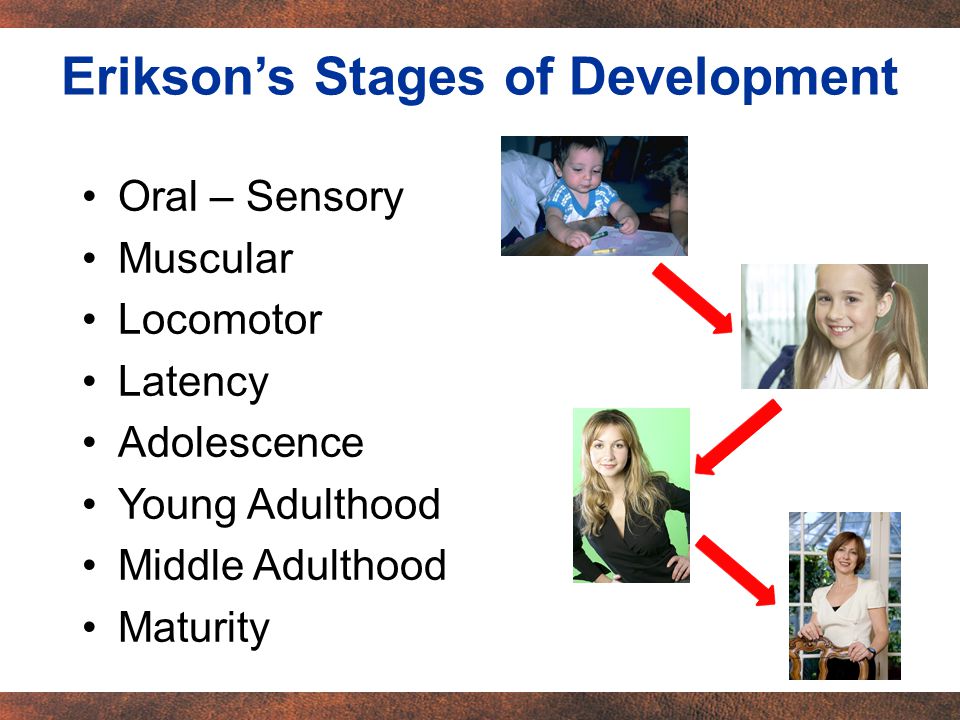 Oral – Sensory Muscular Locomotor Latency Adolescence Young Adulthood Middle Adulthood Maturity Erikson’s Stages of Development
