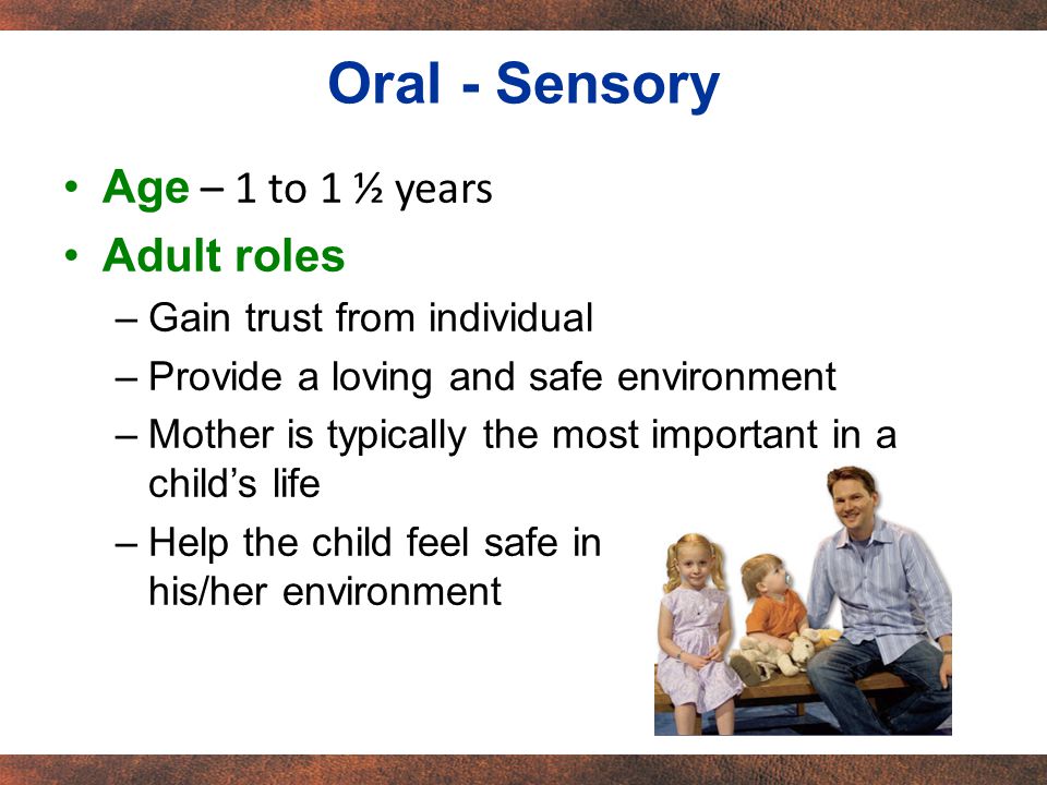 Age – 1 to 1 ½ years Adult roles –Gain trust from individual –Provide a loving and safe environment –Mother is typically the most important in a child’s life –Help the child feel safe in his/her environment Oral - Sensory