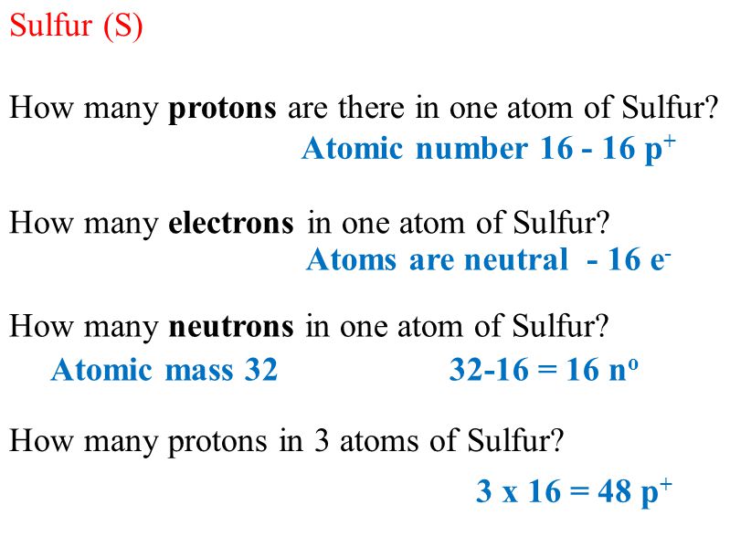 Sulfur (S) How many protons are there in one atom of Sulfur.
