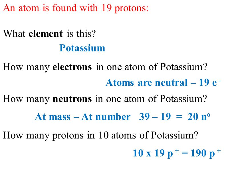 An atom is found with 19 protons: What element is this.