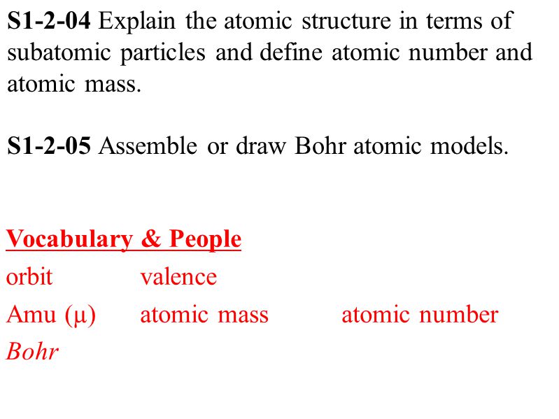 Vocabulary & People orbitvalence Amu (µ) atomic massatomic number Bohr S Explain the atomic structure in terms of subatomic particles and define atomic number and atomic mass.