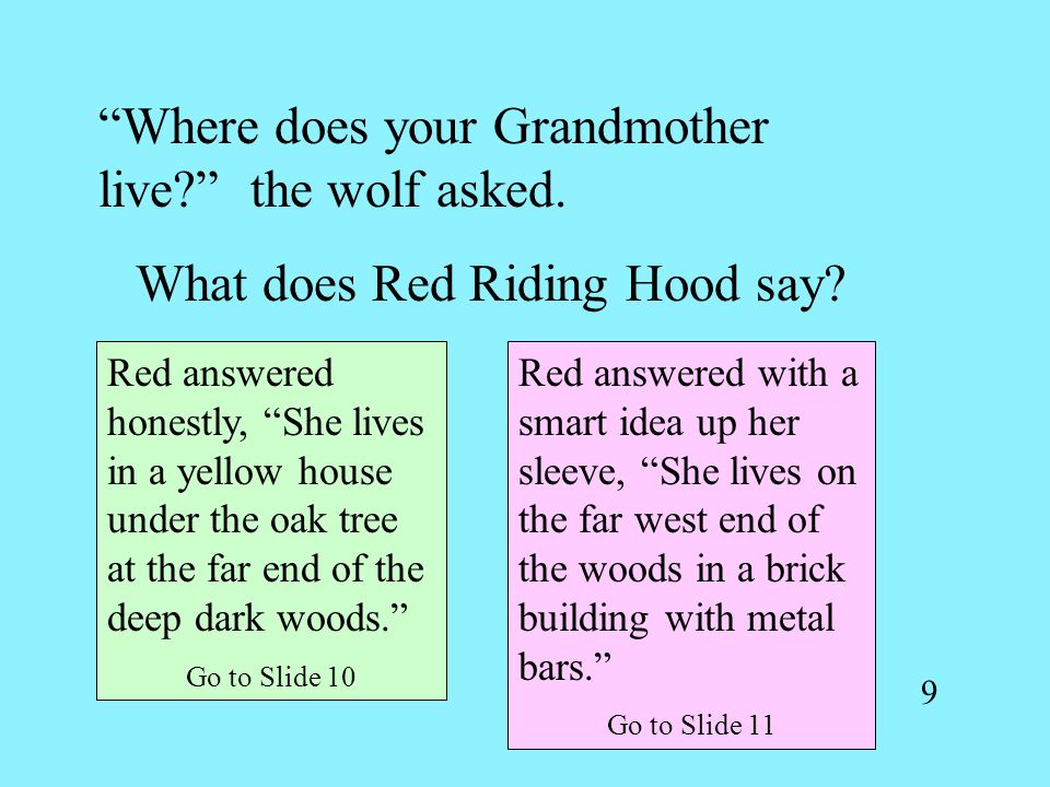 9 Where does your Grandmother live the wolf asked.