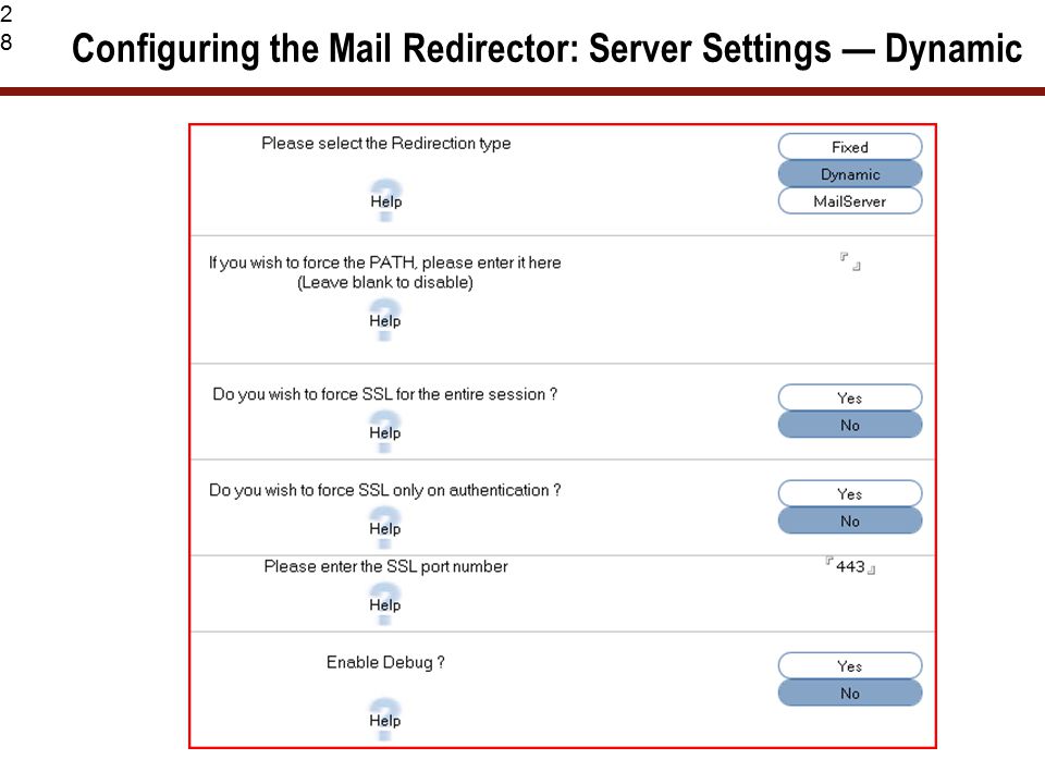 28 Configuring the Mail Redirector: Server Settings — Dynamic