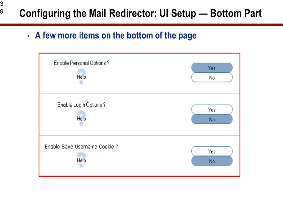 39 Configuring the Mail Redirector: UI Setup — Bottom Part A few more items on the bottom of the page