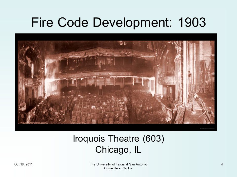 Oct 19, 2011The University of Texas at San Antonio Come Here, Go Far 4 Fire Code Development: 1903 Iroquois Theatre (603) Chicago, IL
