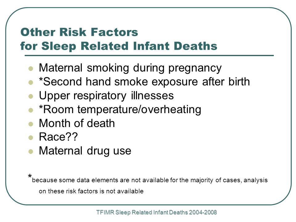 TFIMR Sleep Related Infant Deaths Other Risk Factors for Sleep Related Infant Deaths Maternal smoking during pregnancy *Second hand smoke exposure after birth Upper respiratory illnesses *Room temperature/overheating Month of death Race .