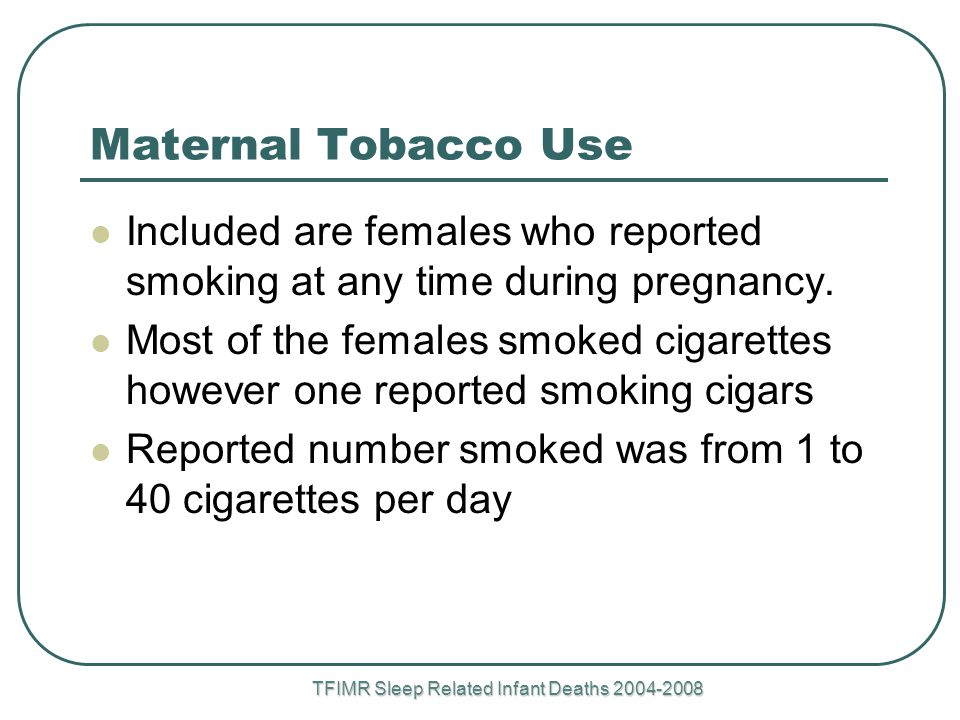 TFIMR Sleep Related Infant Deaths Maternal Tobacco Use Included are females who reported smoking at any time during pregnancy.