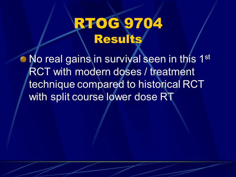 No real gains in survival seen in this 1 st RCT with modern doses / treatment technique compared to historical RCT with split course lower dose RT