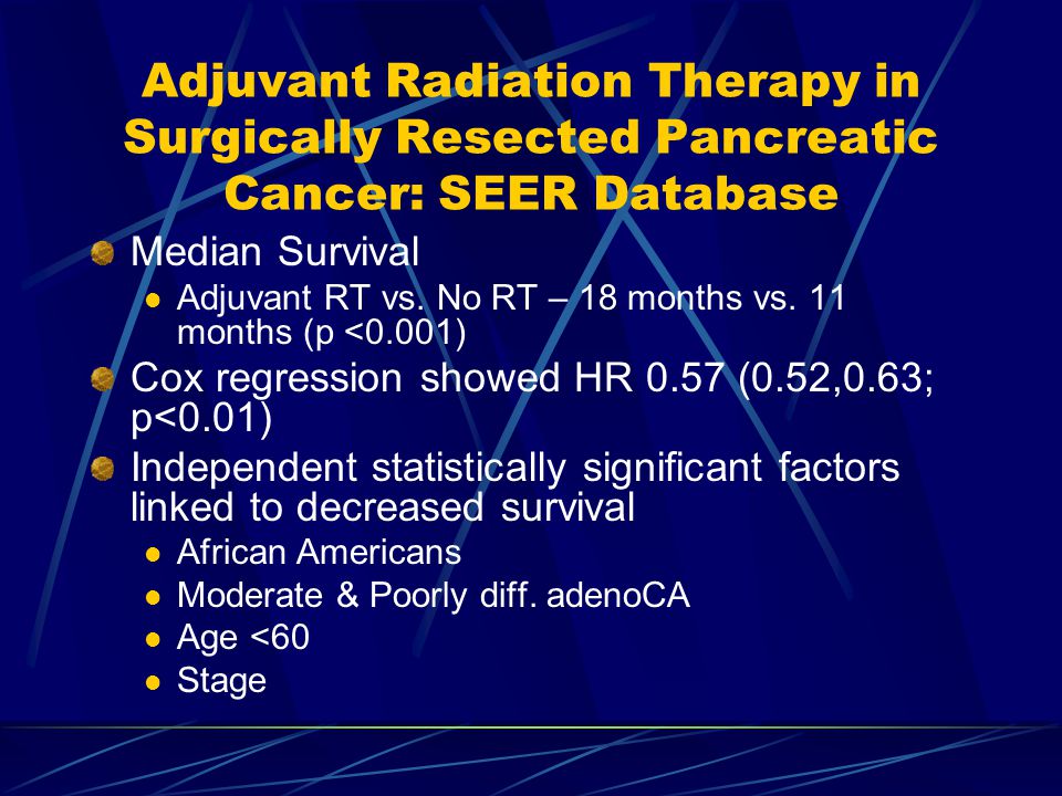 Adjuvant Radiation Therapy in Surgically Resected Pancreatic Cancer: SEER Database Median Survival Adjuvant RT vs.