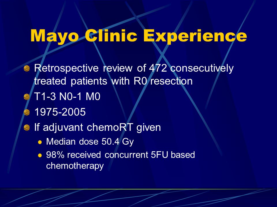 Mayo Clinic Experience Retrospective review of 472 consecutively treated patients with R0 resection T1-3 N0-1 M If adjuvant chemoRT given Median dose 50.4 Gy 98% received concurrent 5FU based chemotherapy