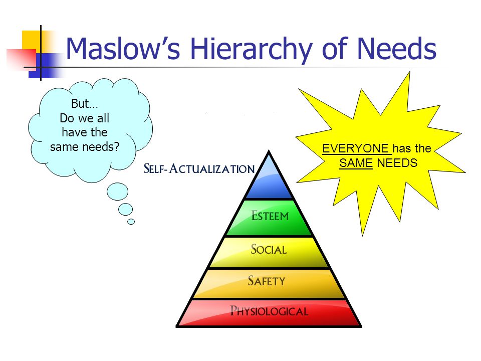 Maslow’s Hierarchy of Needs EVERYONE has the SAME NEEDS But… Do we all have the same needs