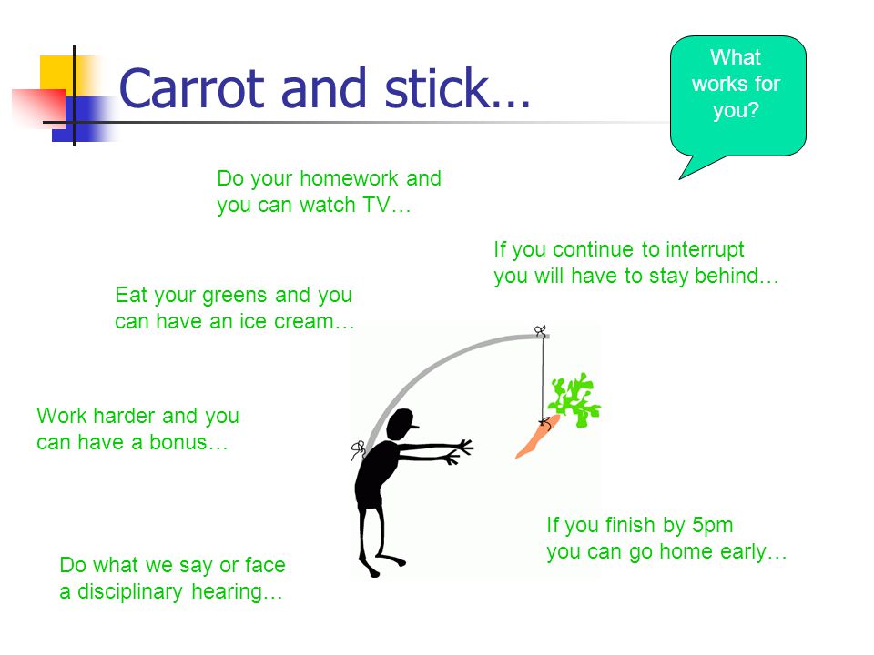 Carrot and stick… Do your homework and you can watch TV… If you continue to interrupt you will have to stay behind… Work harder and you can have a bonus… Do what we say or face a disciplinary hearing… If you finish by 5pm you can go home early… Eat your greens and you can have an ice cream… What works for you