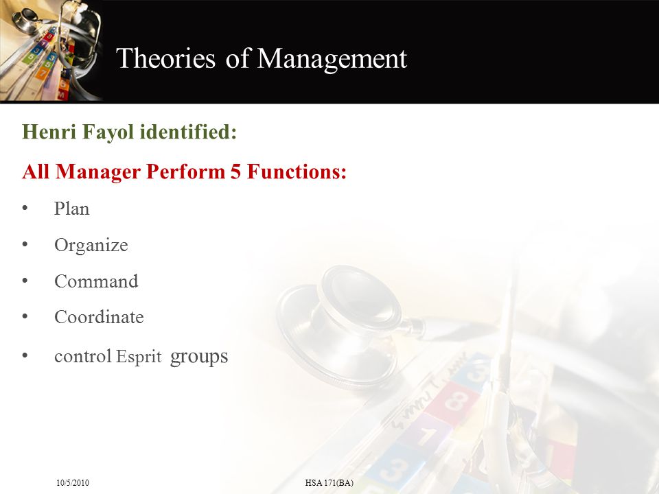 Theories of Management Henri Fayol identified: All Manager Perform 5 Functions: Plan Organize Command Coordinate control Esprit groups 10/5/2010HSA 171(BA)