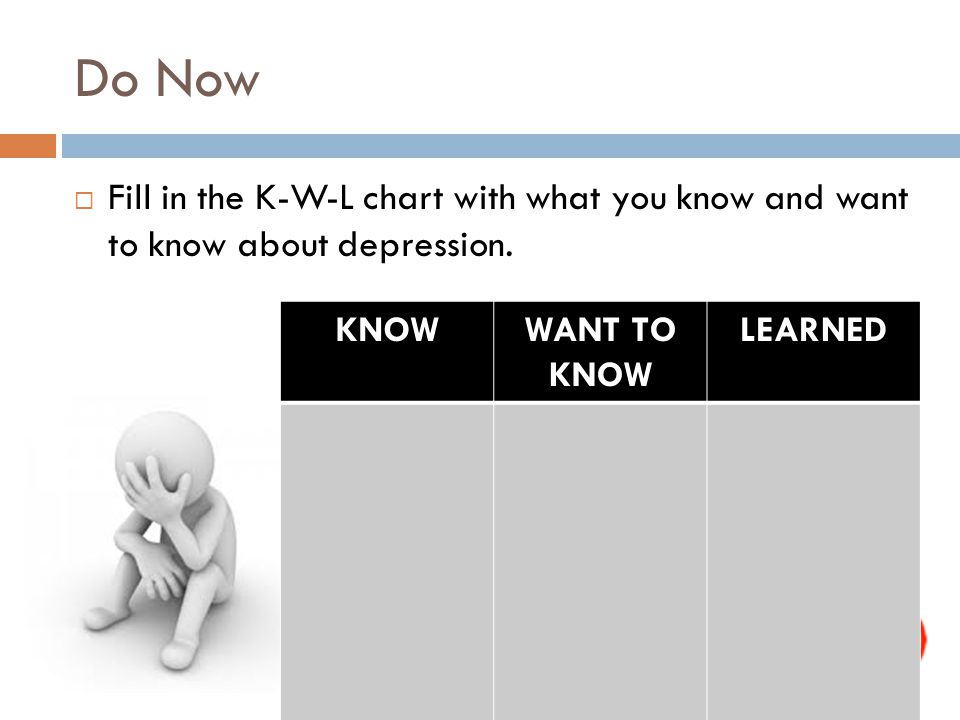 Do Now  Fill in the K-W-L chart with what you know and want to know about depression.
