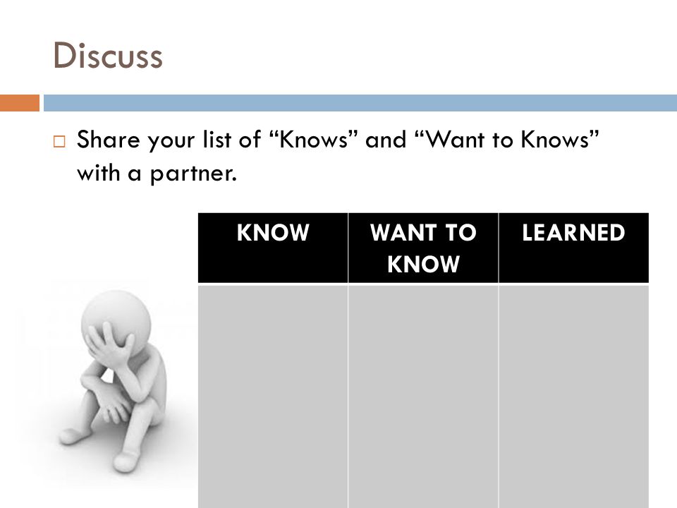 Discuss  Share your list of Knows and Want to Knows with a partner. KNOWWANT TO KNOW LEARNED
