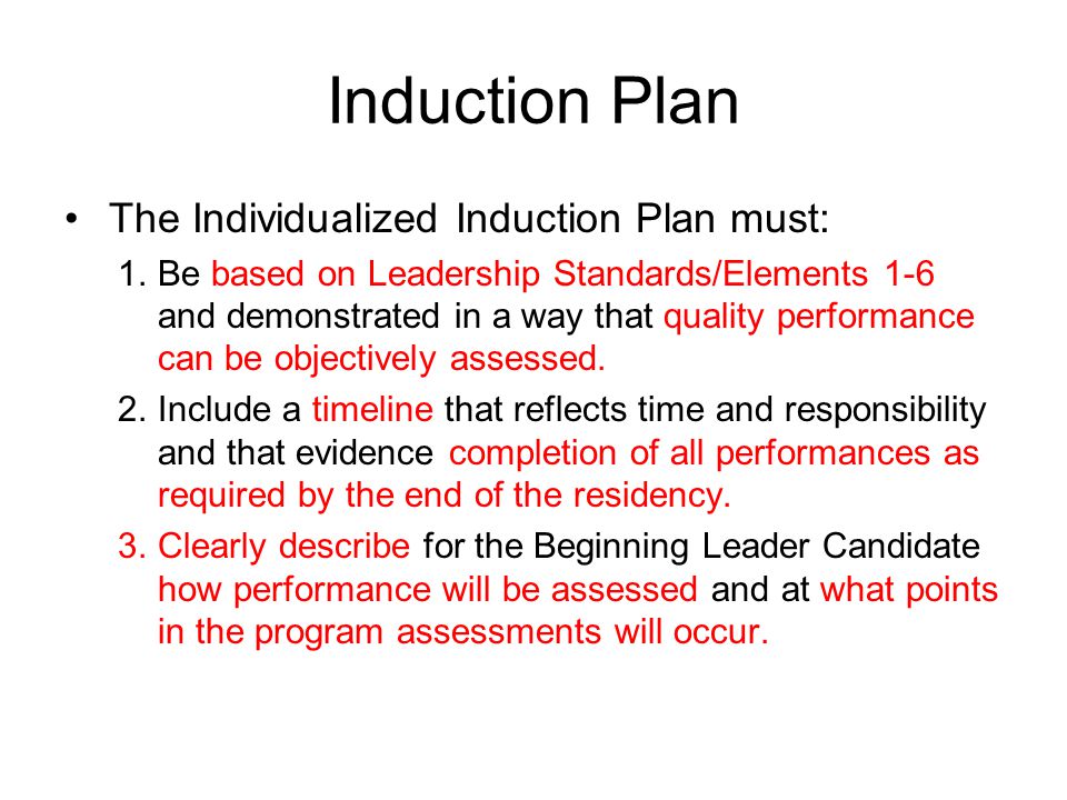 Induction Plan The Individualized Induction Plan must: 1.Be based on Leadership Standards/Elements 1-6 and demonstrated in a way that quality performance can be objectively assessed.