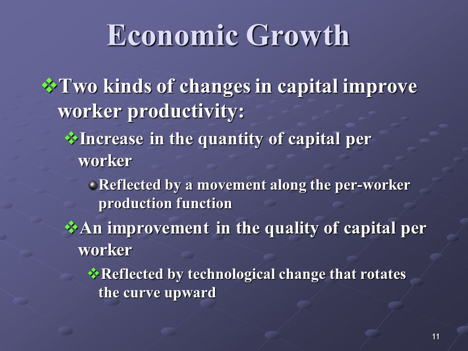 11 Economic Growth  Two kinds of changes in capital improve worker productivity:  Increase in the quantity of capital per worker Reflected by a movement along the per-worker production function  An improvement in the quality of capital per worker  Reflected by technological change that rotates the curve upward