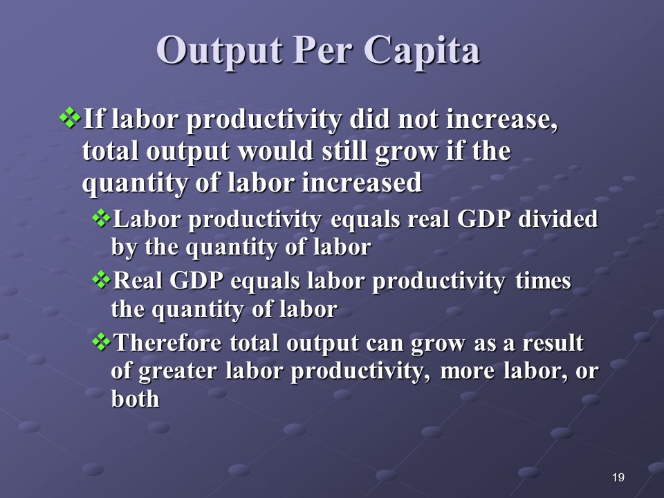 19 Output Per Capita  If labor productivity did not increase, total output would still grow if the quantity of labor increased  Labor productivity equals real GDP divided by the quantity of labor  Real GDP equals labor productivity times the quantity of labor  Therefore total output can grow as a result of greater labor productivity, more labor, or both