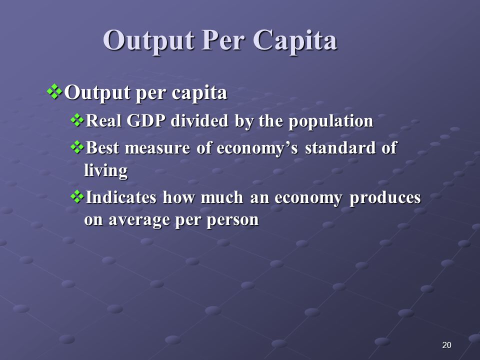 20 Output Per Capita  Output per capita  Real GDP divided by the population  Best measure of economy’s standard of living  Indicates how much an economy produces on average per person