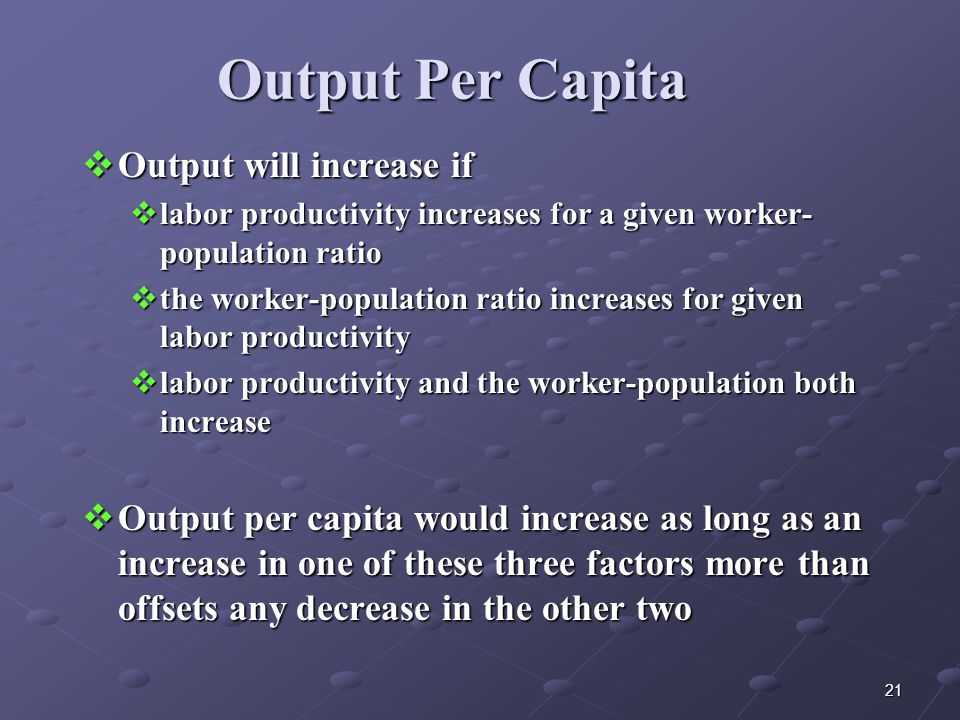 21 Output Per Capita  Output will increase if  labor productivity increases for a given worker- population ratio  the worker-population ratio increases for given labor productivity  labor productivity and the worker-population both increase  Output per capita would increase as long as an increase in one of these three factors more than offsets any decrease in the other two