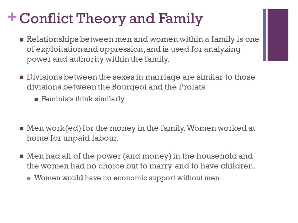 + Conflict Theory and Family Relationships between men and women within a family is one of exploitation and oppression, and is used for analyzing power and authority within the family.