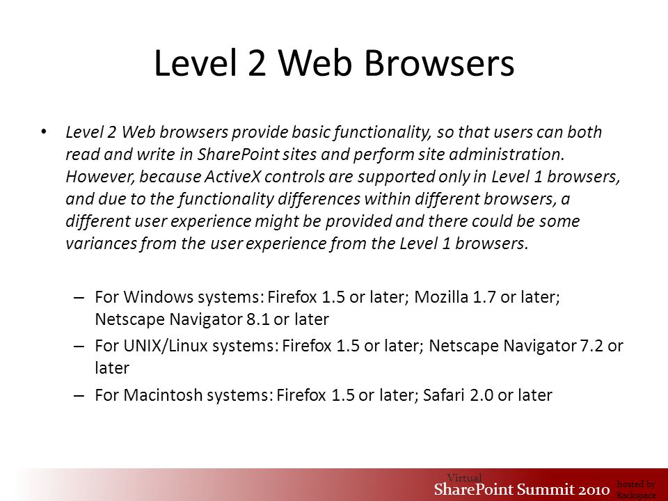 Virtual SharePoint Summit 2010 hosted by Rackspace Level 2 Web Browsers Level 2 Web browsers provide basic functionality, so that users can both read and write in SharePoint sites and perform site administration.