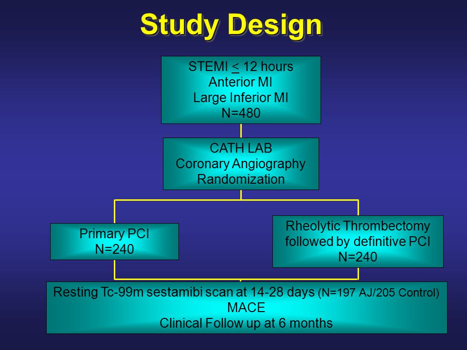 Study Design STEMI < 12 hours Anterior MI Large Inferior MI N=480 CATH LAB Coronary Angiography Randomization Primary PCI N=240 Rheolytic Thrombectomy followed by definitive PCI N=240 Resting Tc-99m sestamibi scan at days (N=197 AJ/205 Control) MACE Clinical Follow up at 6 months