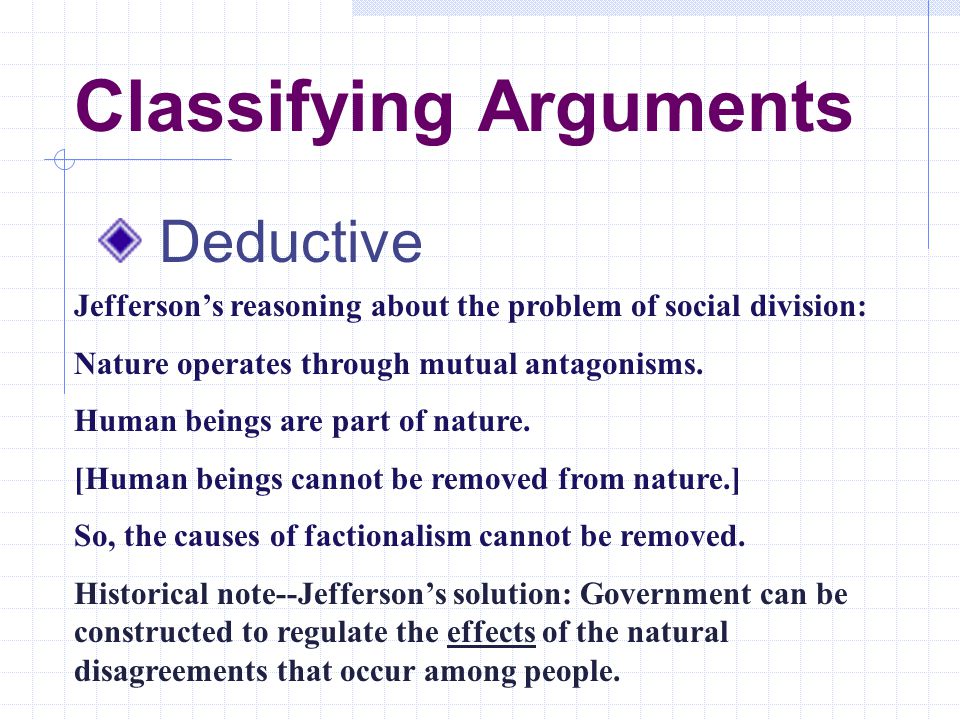 Classifying Arguments Deductive Jefferson’s reasoning about the problem of social division: Nature operates through mutual antagonisms.