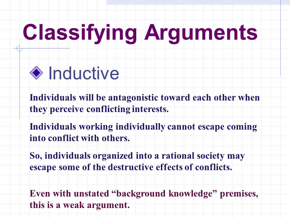 Classifying Arguments Inductive Individuals will be antagonistic toward each other when they perceive conflicting interests.
