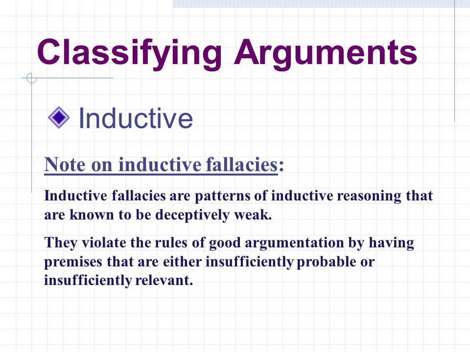 Classifying Arguments Inductive Note on inductive fallacies: Inductive fallacies are patterns of inductive reasoning that are known to be deceptively weak.