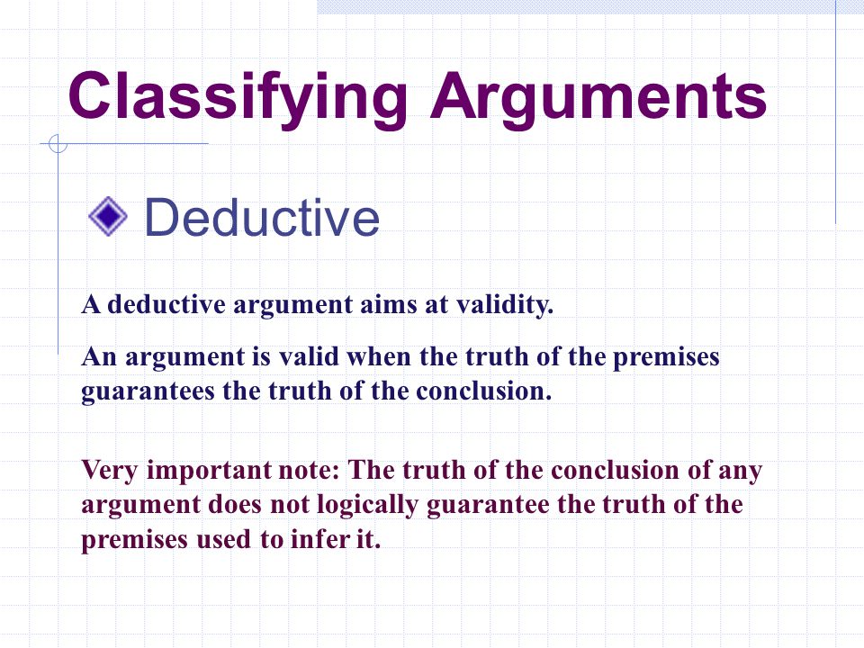 Classifying Arguments Deductive A deductive argument aims at validity.
