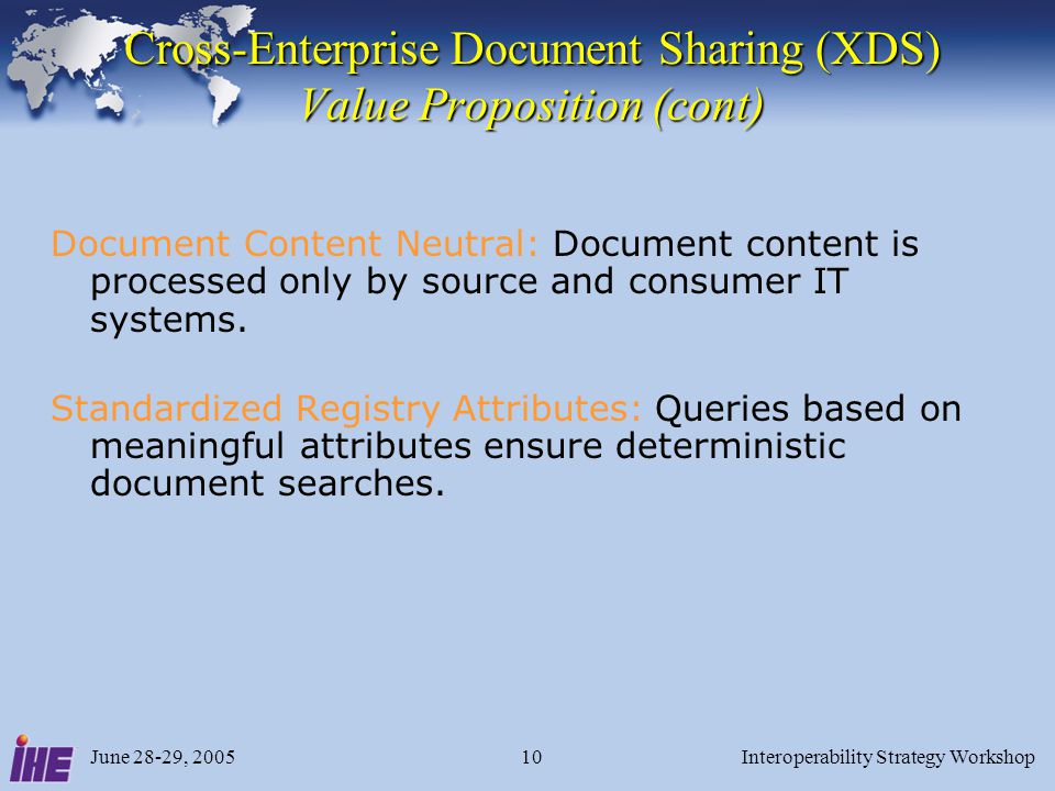 June 28-29, 2005Interoperability Strategy Workshop10 Cross-Enterprise Document Sharing (XDS) Value Proposition (cont) Document Content Neutral: Document content is processed only by source and consumer IT systems.