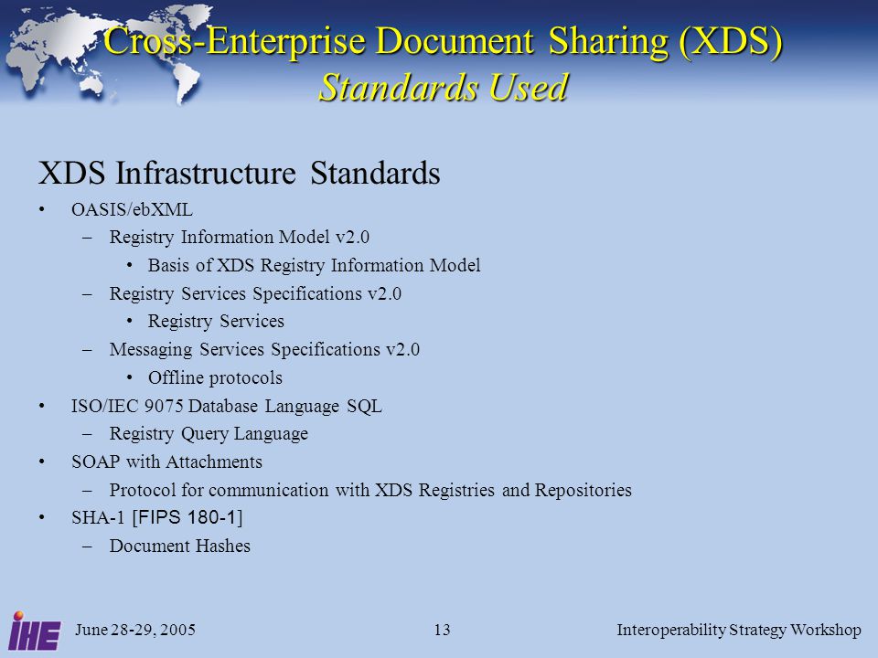 June 28-29, 2005Interoperability Strategy Workshop13 Cross-Enterprise Document Sharing (XDS) Standards Used XDS Infrastructure Standards OASIS/ebXML –Registry Information Model v2.0 Basis of XDS Registry Information Model –Registry Services Specifications v2.0 Registry Services –Messaging Services Specifications v2.0 Offline protocols ISO/IEC 9075 Database Language SQL –Registry Query Language SOAP with Attachments –Protocol for communication with XDS Registries and Repositories SHA-1 [ FIPS ] –Document Hashes