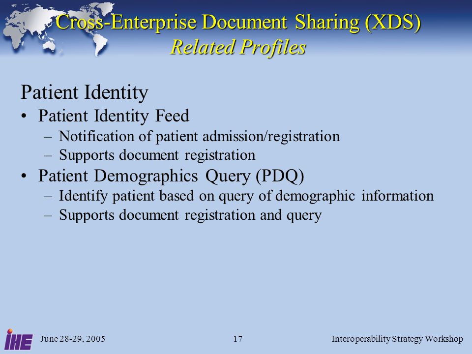 June 28-29, 2005Interoperability Strategy Workshop17 Cross-Enterprise Document Sharing (XDS) Related Profiles Patient Identity Patient Identity Feed –Notification of patient admission/registration –Supports document registration Patient Demographics Query (PDQ) –Identify patient based on query of demographic information –Supports document registration and query