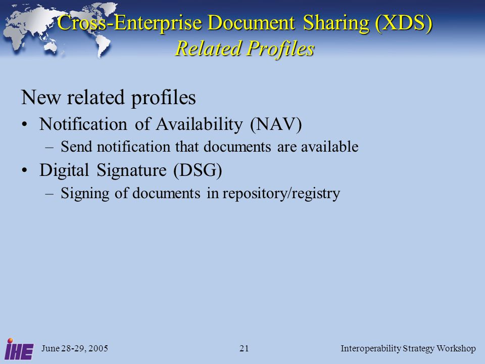 June 28-29, 2005Interoperability Strategy Workshop21 Cross-Enterprise Document Sharing (XDS) Related Profiles New related profiles Notification of Availability (NAV) –Send notification that documents are available Digital Signature (DSG) –Signing of documents in repository/registry