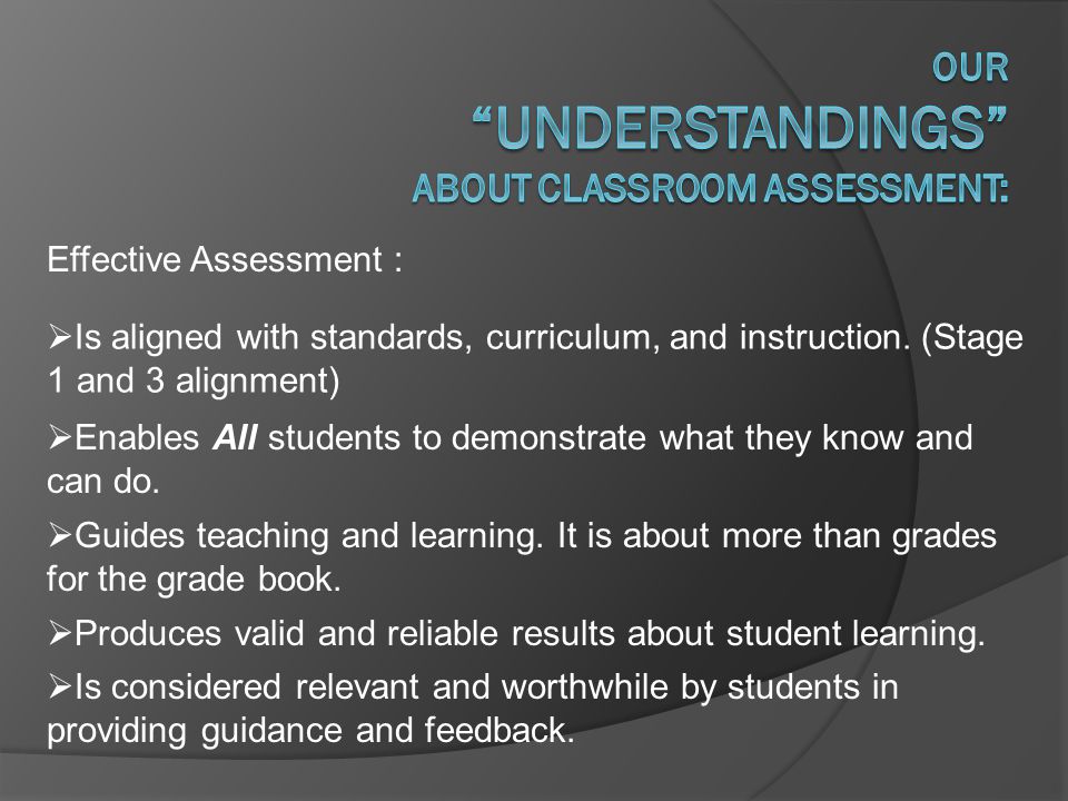 Effective Assessment :  Is aligned with standards, curriculum, and instruction.