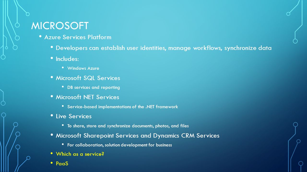 MICROSOFT Azure Services Platform Developers can establish user identities, manage workflows, synchronize data Includes: Windows Azure Microsoft SQL Services DB services and reporting Microsoft NET Services Service-based implementations of the.NET framework Live Services To share, store and synchronize documents, photos, and files Microsoft Sharepoint Services and Dynamics CRM Services For collaboration, solution development for business Which as a service.