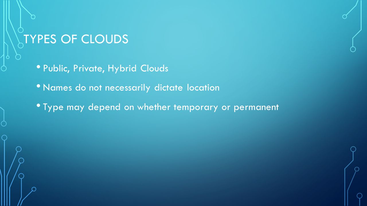 TYPES OF CLOUDS Public, Private, Hybrid Clouds Names do not necessarily dictate location Type may depend on whether temporary or permanent