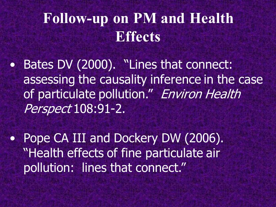 Follow-up on PM and Health Effects Bates DV (2000).
