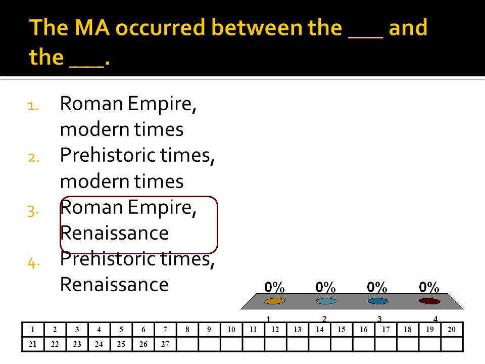 1. Roman Empire, modern times 2. Prehistoric times, modern times 3.