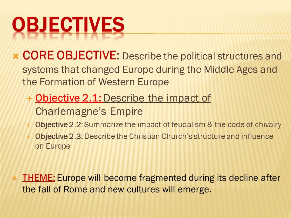  CORE OBJECTIVE: Describe the political structures and systems that changed Europe during the Middle Ages and the Formation of Western Europe  Objective 2.1: Describe the impact of Charlemagne’s Empire  Objective 2.2: Summarize the impact of feudalism & the code of chivalry  Objective 2.3: Describe the Christian Church’s structure and influence on Europe  THEME: Europe will become fragmented during its decline after the fall of Rome and new cultures will emerge.