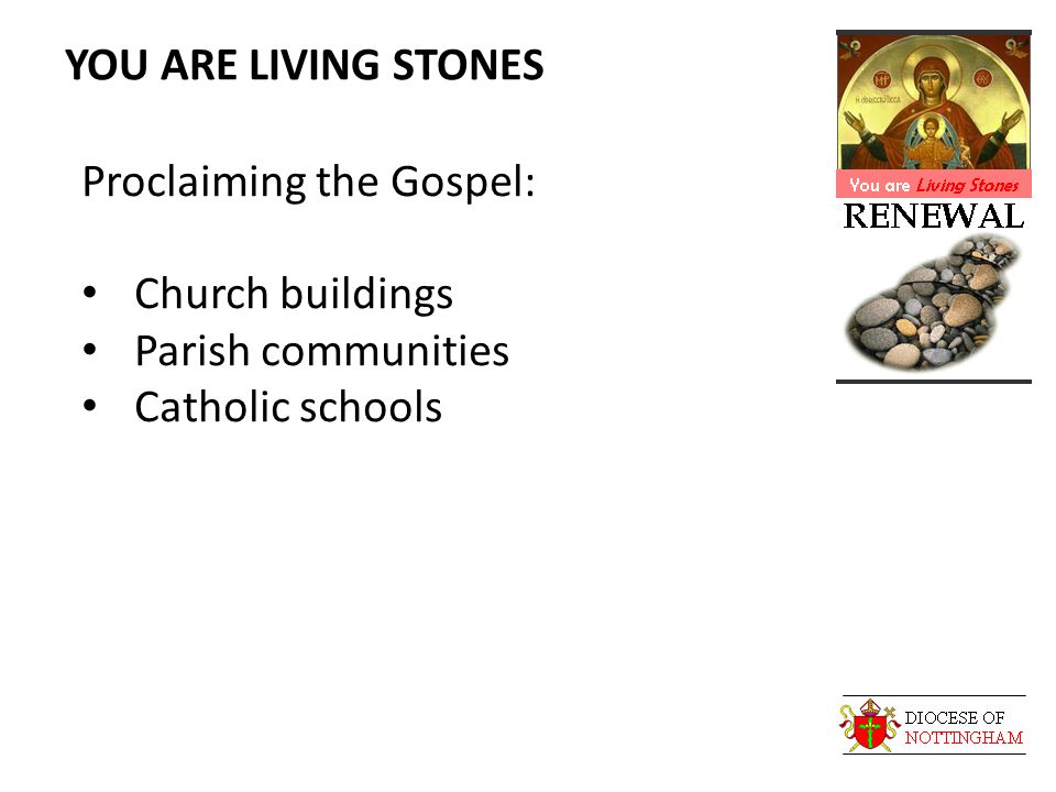 YOU ARE LIVING STONES Proclaiming the Gospel: Church buildings Parish communities Catholic schools