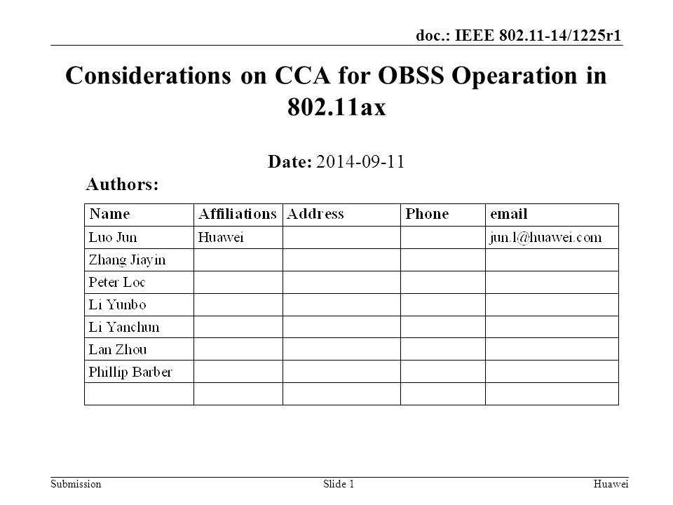 Submission doc.: IEEE /1225r1 Considerations on CCA for OBSS Opearation in ax Date: Slide 1Huawei Authors: