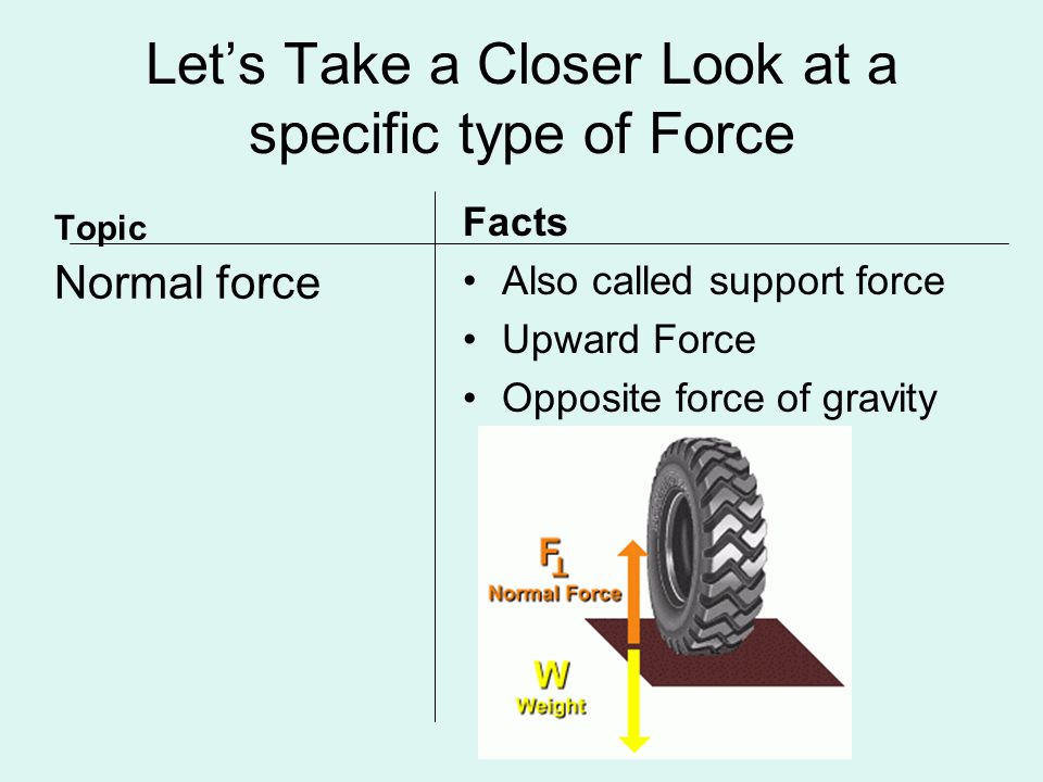 Let’s Take a Closer Look at a specific type of Force Topic Normal force Facts Also called support force Upward Force Opposite force of gravity