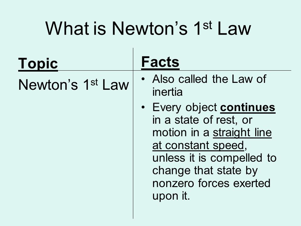 What is Newton’s 1 st Law Topic Newton’s 1 st Law Facts Also called the Law of inertia Every object continues in a state of rest, or motion in a straight line at constant speed, unless it is compelled to change that state by nonzero forces exerted upon it.